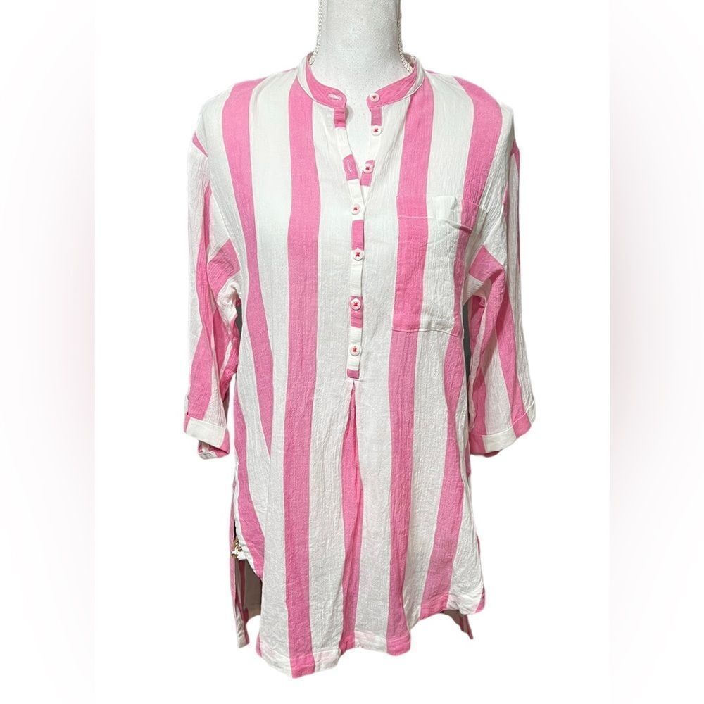 Maeve by Anthropologie pink and white striped 3/4 wide sleeve tunic size S